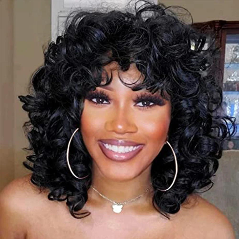 WERD Synthetic Short Black Hair Afro Kinky Curly Wigs With Bangs For Black Women Fluffy  African Ombre Wigs