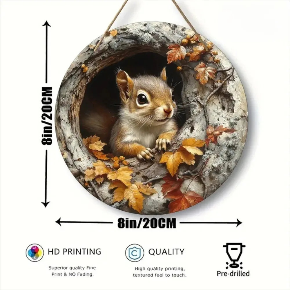 2D Autumn Tree Hole Squirrel Circular Wooden Sign, Suitable for Bar, Kitchen, Coffee Shop, Living Room, Office Decoration, Gifts