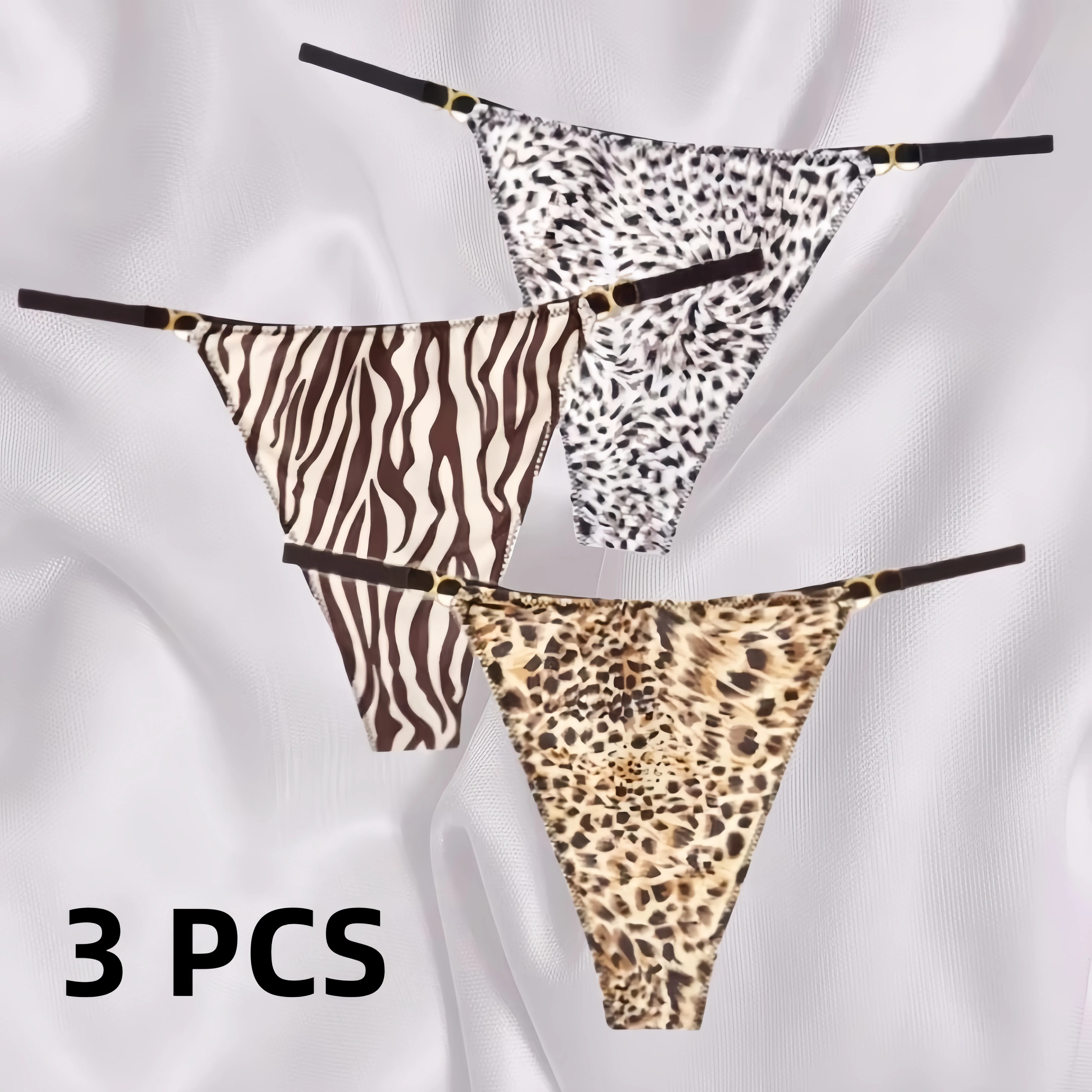 

3 PCS Combination Panties Leopard Print Thin Belt G-string One-piece Non-marking Ice Silk Quick-drying Underwear for Women