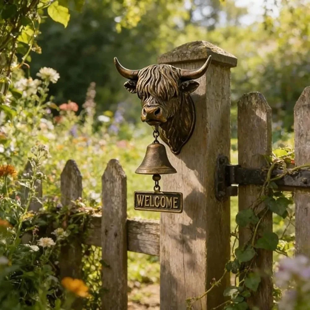 3D Vintage Highland Cow Doorbell Welcome Sign Bell Ornaments Garden Gate Decor Highland Cattle Welcome Doorbell