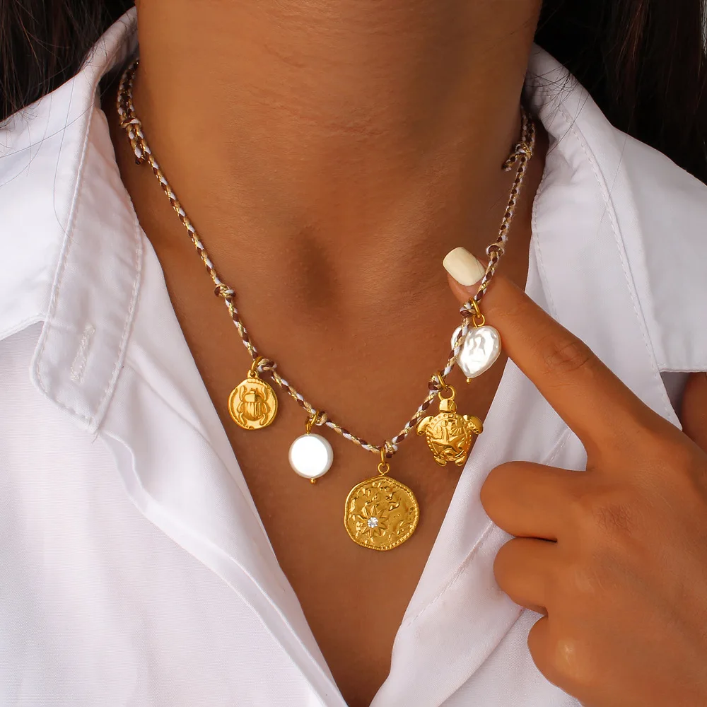 DIY accessories Guangdong jewelry personalized DIY knotted rope pearl turtle pendant necklace 18K gold woven fashionable and ele