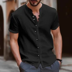 2024 New Men's Short Sleeve Tshirt V neck button Cotton Linen Shirt Men's Casual Clothes Popular Tops for Men