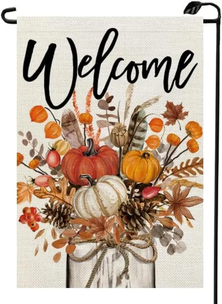 Welcome Fall Floral Pumpkins Garden Flag 12x18 Inch Double Sided Seasonal Autumn Mason Jar Farmhouse Small Flags Outside Dec yyi