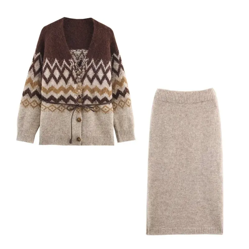 Cardigan de malha com cinto jacquard feminino com efeito desbotado conjunto de saia midi de malha escritório viajante workwear moda estilo elegante