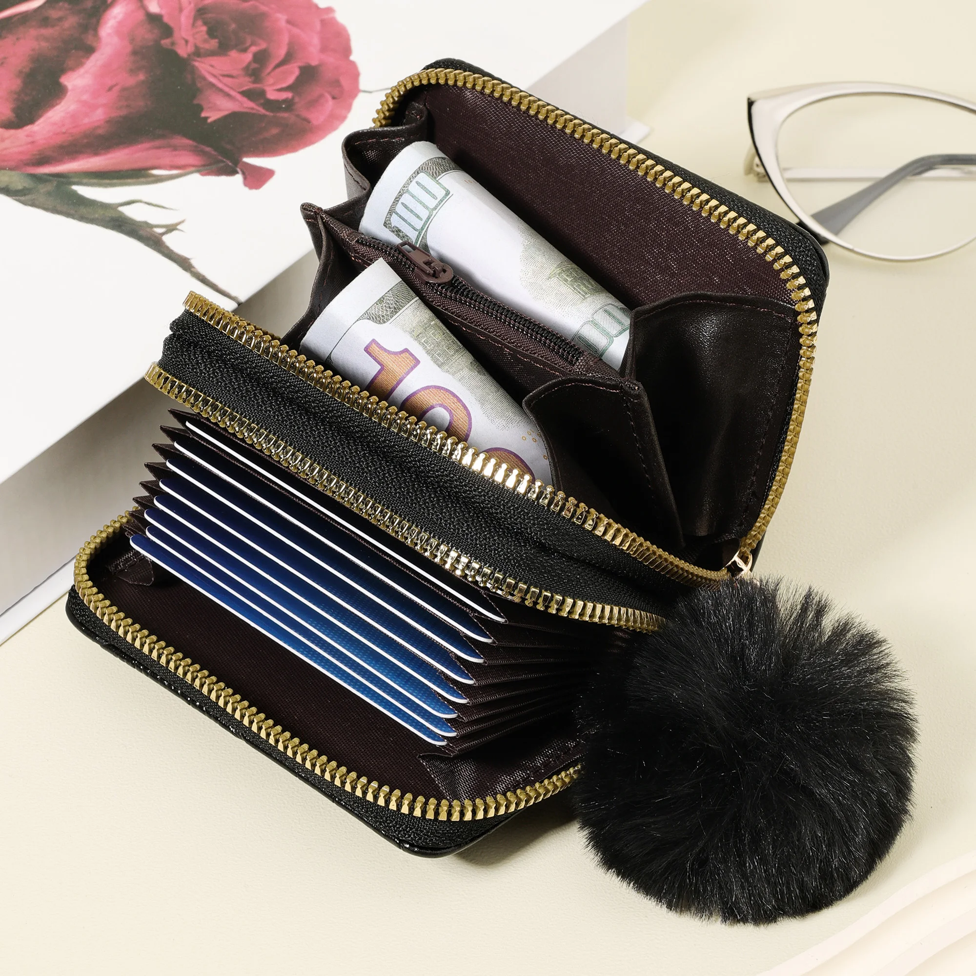 حامل بطاقات رفيع للغاية، خفيف الوزن، نقدي محمول، بطاقة الهوية، بطاقة الائتمان، محفظة جيب للعملات المعدنية، مزين بوم بوم رقيق، F