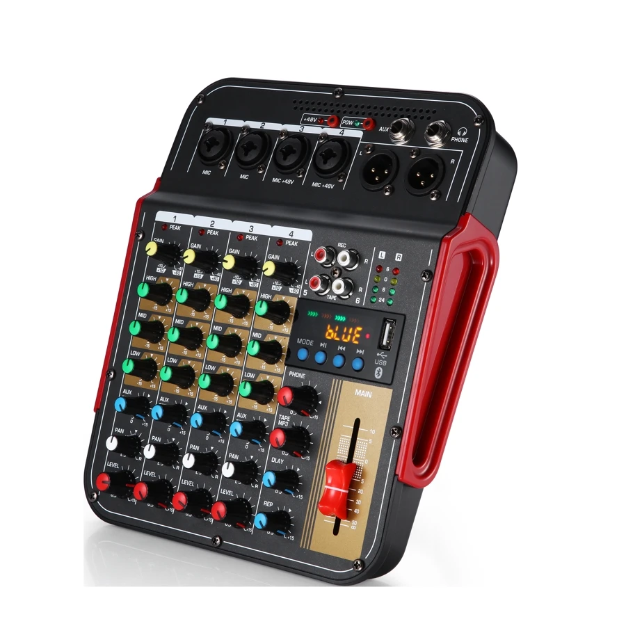 Mixer de áudio com Bluetooth e Reverb, 48V Alimentação, 6-Channel Sound Card, DJ Karaoke