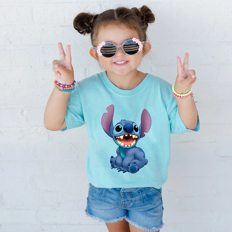 Stitch Bedrukt Kids T-Shirt Blauw Casual Tops Zomer Kinder Katoenen Korte Mouwen Geschikt Voor Jongens En Meisjes