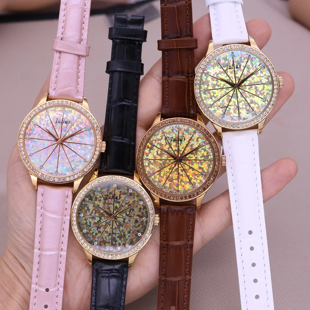 Shiny Glitter Bling Julius Lady Women's Watch Fashion Hours Bracelet Real Leather Girl's Birthday Gift No Box