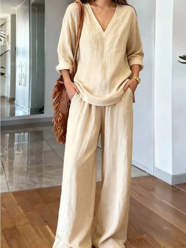 New Women's Clothing Autumn Comfortable Casual V-neck Pullover Long Sleeved and Long Pants Washed Cotton Multi-color Women
