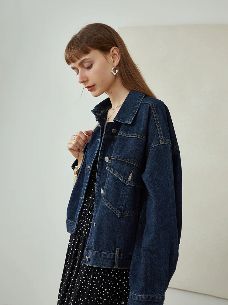 FSLE Dark Blue Short Denim Jacket New Korean Style Loose Jacket Cotton Cropped Jacket Autumn Clothes Women Women Jacket