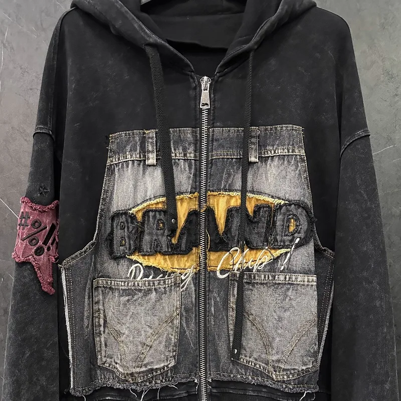 2025 Spring and Autumn Heavy Industry New Alphabet Patch Embroidery Loose Fashion Top Hooded Cardigan Sweater Jacket Women