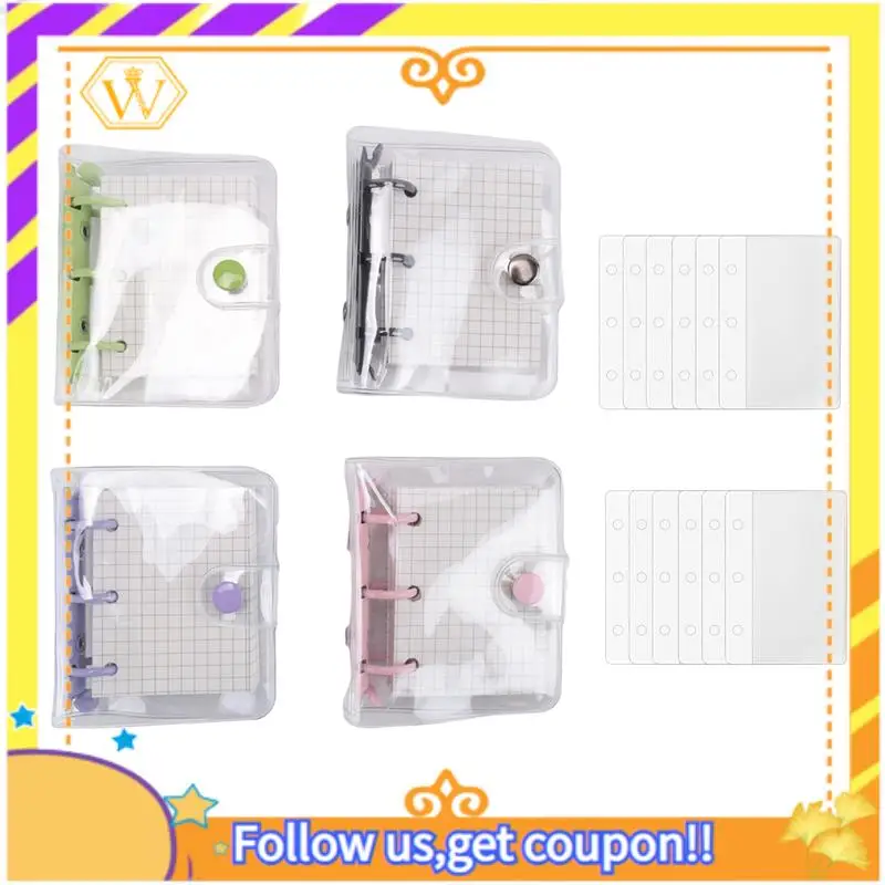 Latest-4 Pack Mini Transparent 3 Ring Binder Covers With Grid Inner Page And 12 Pcs Binder Pockets(3 Pcs/Set)