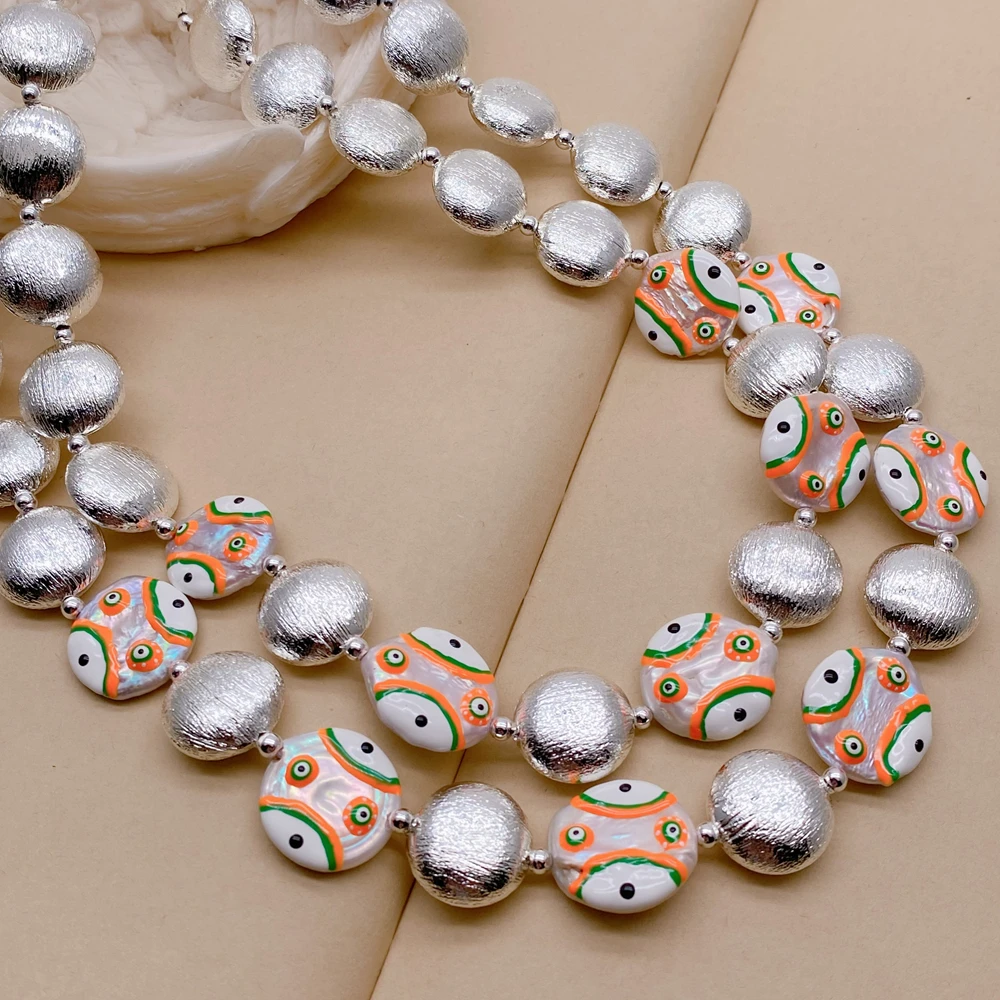 Y·YING 2 Layers Cultured White Coin Pearl Orange Green Enamel Brushed Bead Statement Necklace Jewelry