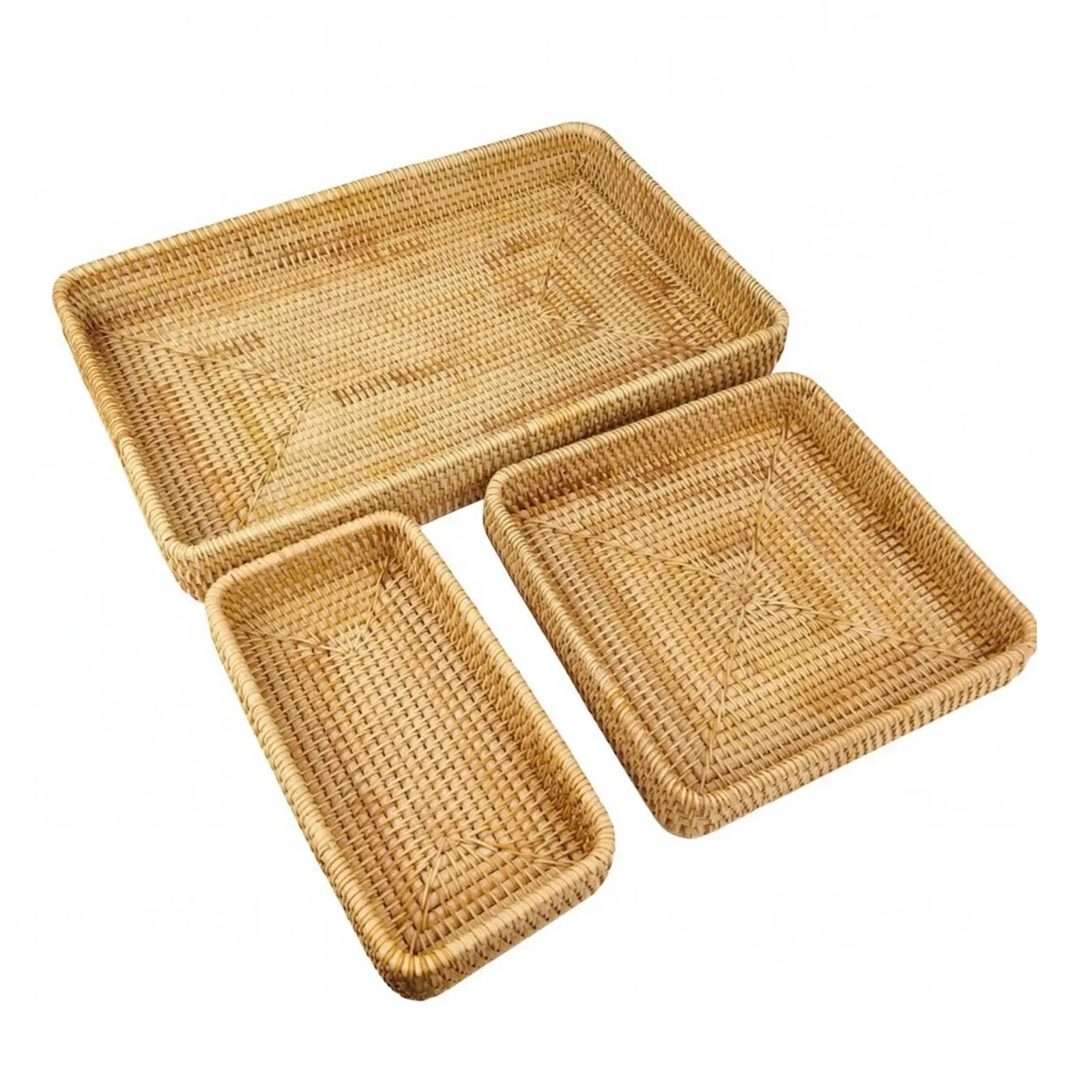 3 Pieces Rectangular Wicker Basket with Raised Rim Rattan Storage Basket Sturdy Woven Rattan Organizer for Countertops, Coffee