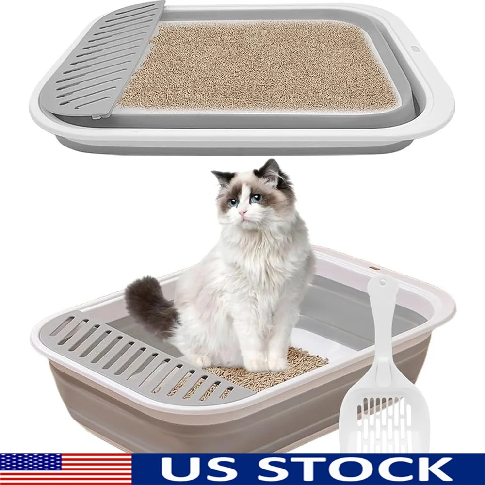 

Foldable Cat Litter Box Travel Portable Collapsible Toilet Low Entry Design Senior Disabled Cats with Scoop Easy Clean