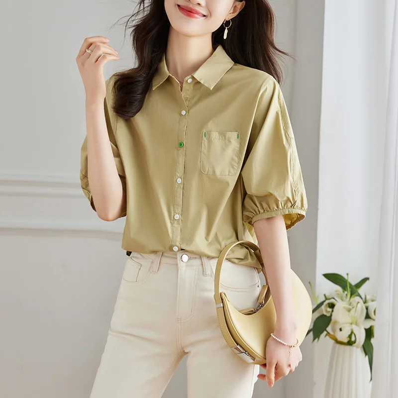 

Новая женская хлопковая рубашка цвета хаки с рукавом три четверти, летняя, с воротником-стойкой, повседневная, с рукавами-фонариками, свободного кроя, для офиса