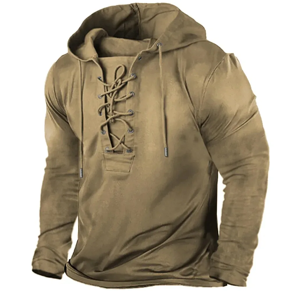 Men\'s Summer Tactical Long-sleeved T-shirt Outdoor Retro Lace-up Hooded Cool Top Plus Size Solid Color Hiking Fishing Hoodie Man