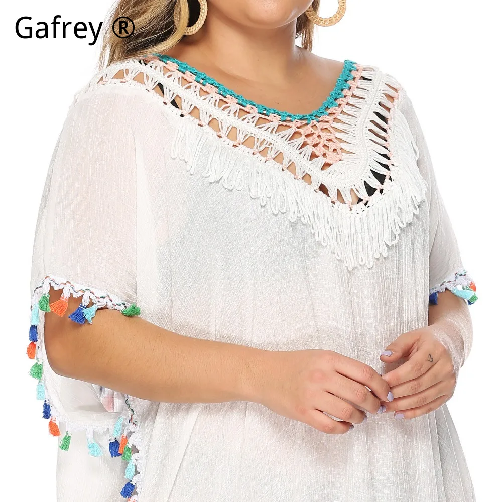 Plus Size 3XL 2XL XL Bohemian Crochet Beach Dress 2026 New Colorful Fringe Patchwork Deep V-Neck Backless Loose Cover Up Women view 5