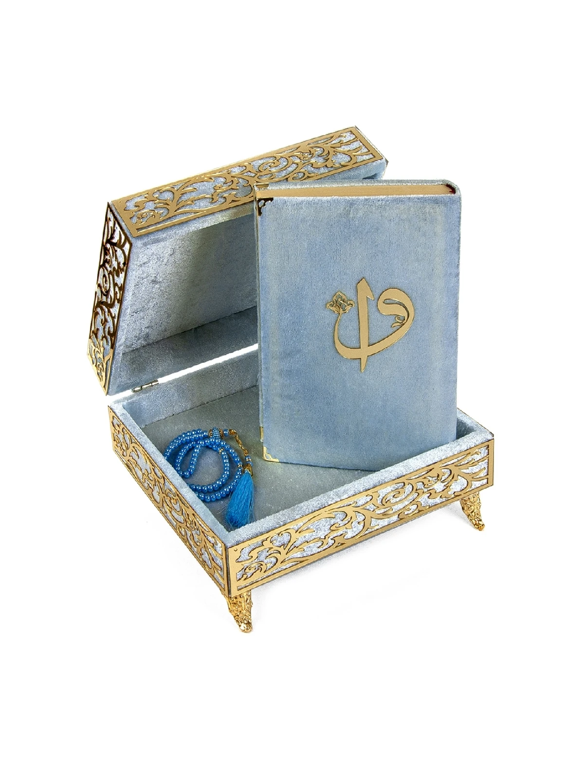 Special Elif Vav Plexi Decorated Gift Velvet Covered Footed Quran with Chest Blue