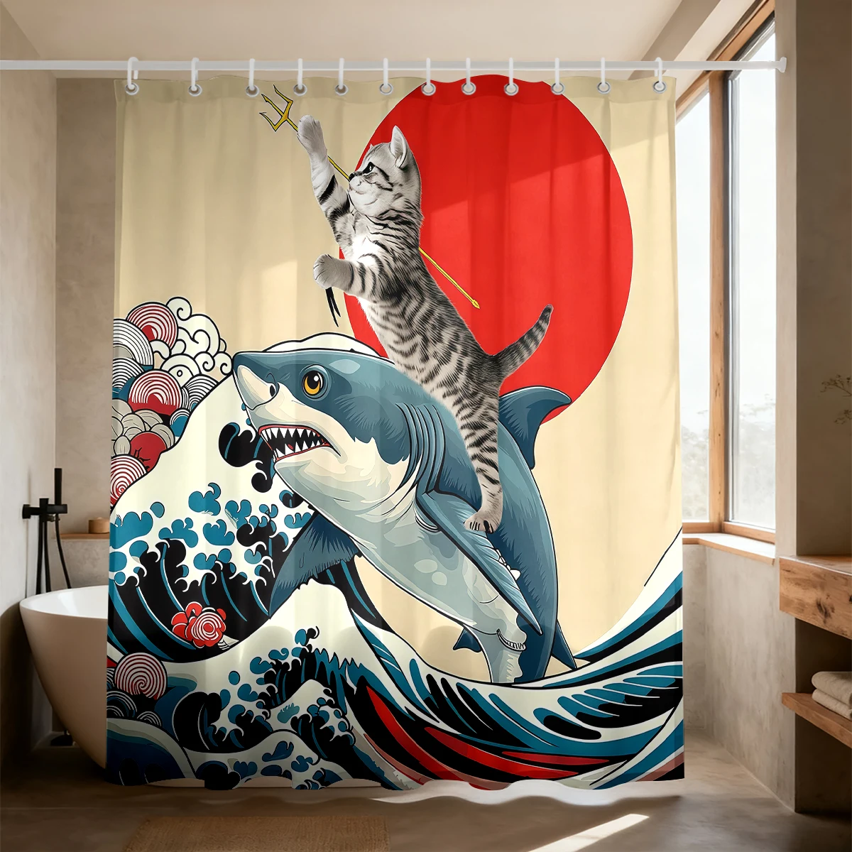 Waterproof Shower Curtain Cool Cat Riding Shark Surfing Wave Funny Ocean Animal Humor Bathroom Decor Bath Curtain