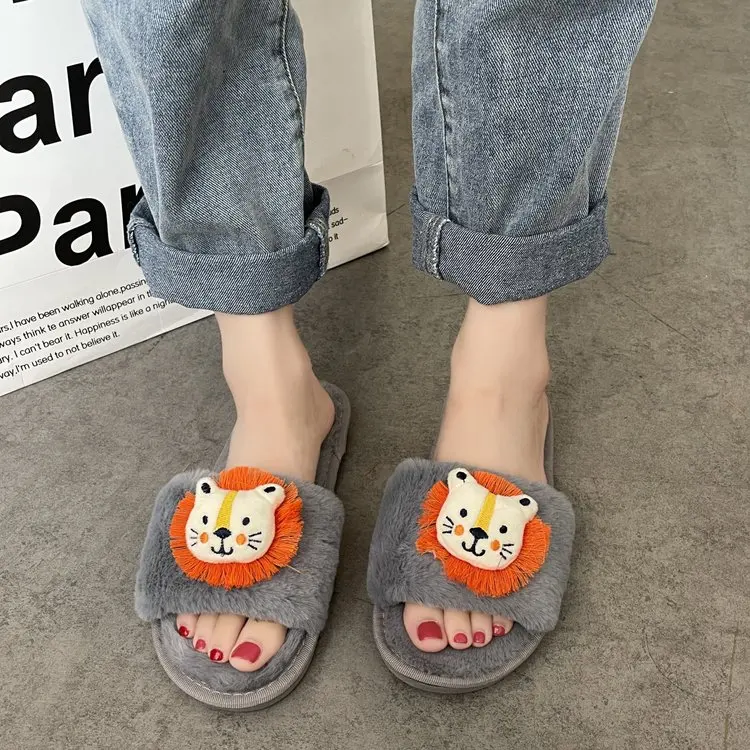 Winter Household Ladies Cotton Slippers Cute Little Lion Decoration Comfortable Slippers Female Furry Slippers Female Slippers