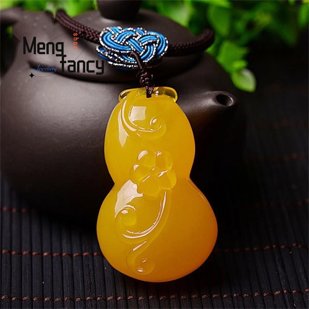 

Chicken Oil Yellow Beeswax Gourd Pendant, Amber Rough Stone Peace Fortune And Prosperity Pendant Men's And Women's Sweater Chain