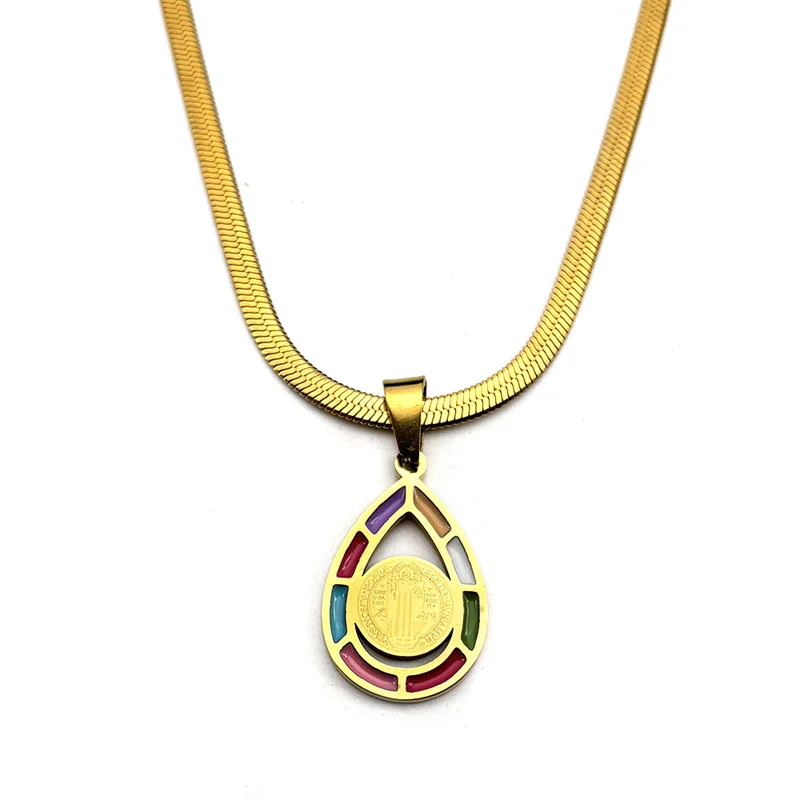 

Oval Enamel Saint Benedict Pendant Necklace for Women Men Stainless Steel Snake Chain Choker Necklaces Jewelry San Benito