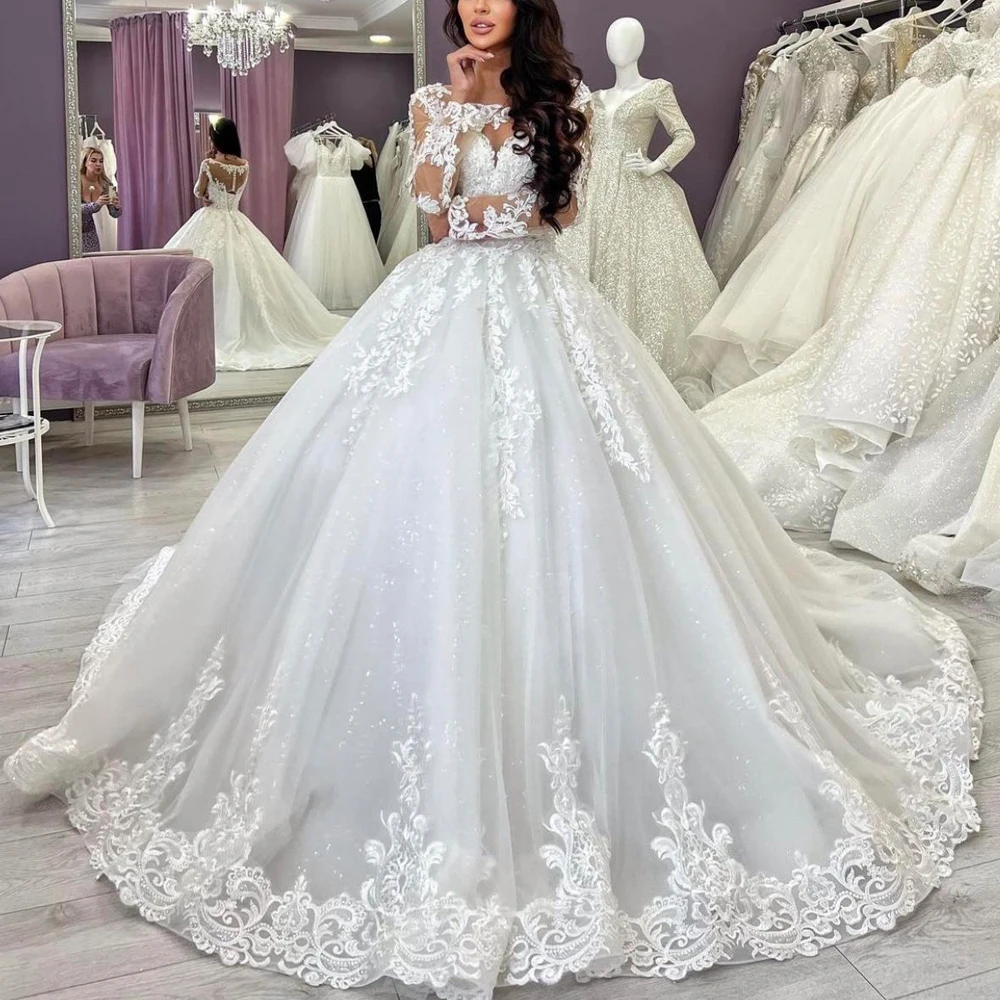 

Индивидуальные свадебные платья-бальные сияющие, как бриллианты, кружевные, с круглым вырезом, длинными рукавами, на пуговицах сзади, vestidos de novia