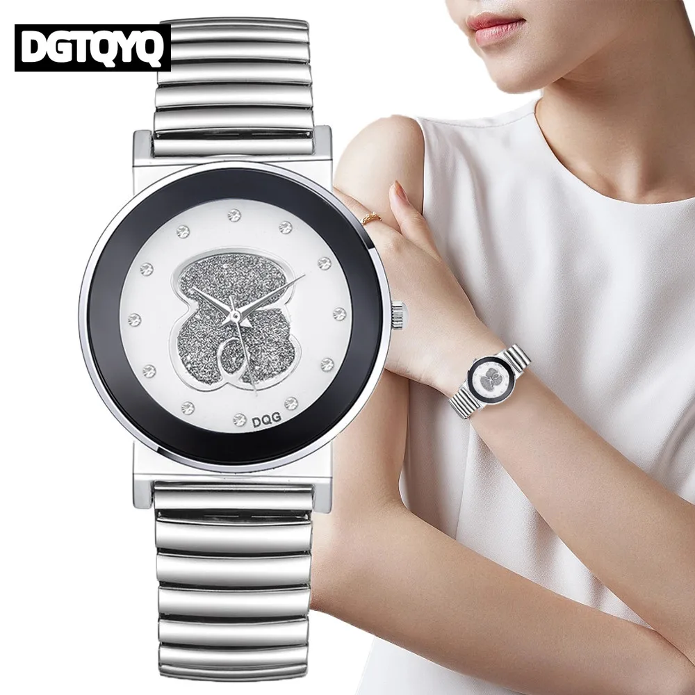 Luxury Ladies Black White Bear Diamond Simple Design Branded Quartz Watch Fashion Stretch Women Dress Clock Creative Watches