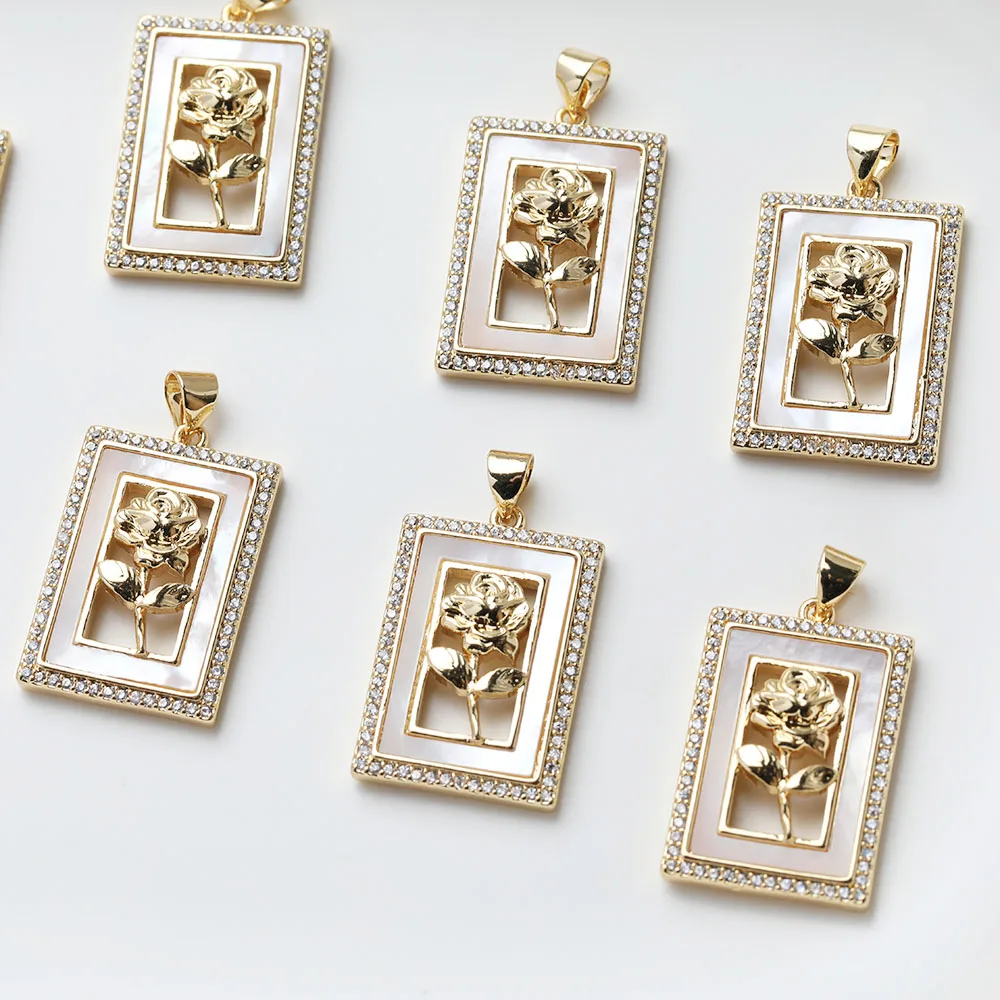 1PCS Dainty Rectangle Shell Roses Flower Charms for Jewelry Making Necklace Pendant DIY Hand Made Brass 14k Gold Plated 17*25mm