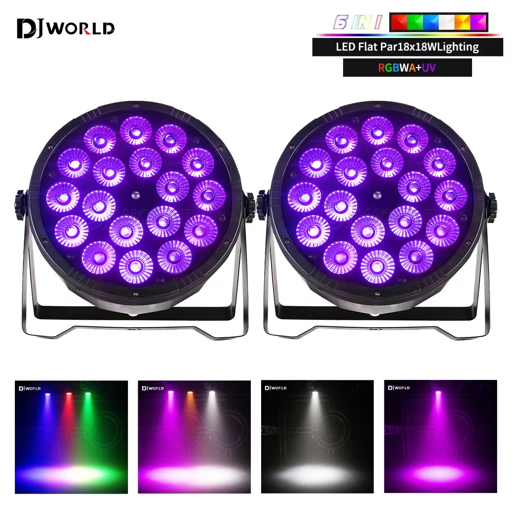 2PCS LED Par Light 18x18w RGBWA UV 6in1 Flat Par Light DMX512 Professional Stage Lighting DJ Equipment for Disco Party Bar