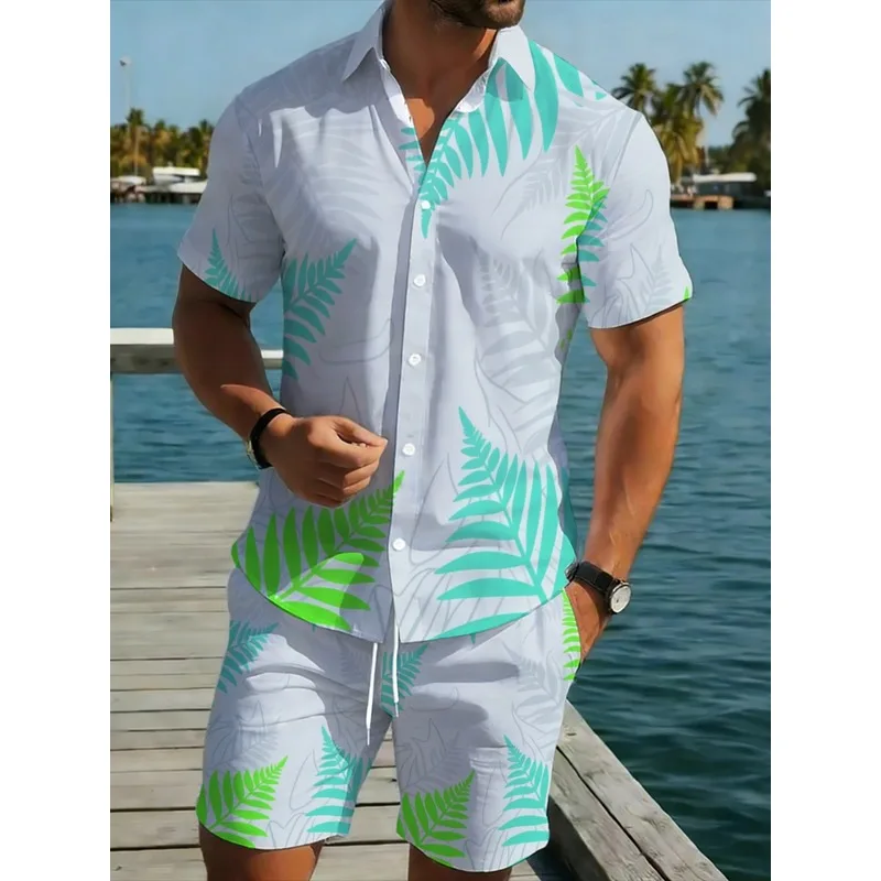 Conjunto de Camisa y Pantalones Cortos para Hombre, Ligero, Transpirable, con Estampado de Hojas, para Verano, Playa, Piscina, Fiesta, Blanco y Verde
