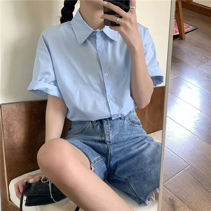 Basic Shirts Women Minimalist Pure Daily Short-sleeve Summer Straight All-match Casual Korean Style Colleges White Classic Chic