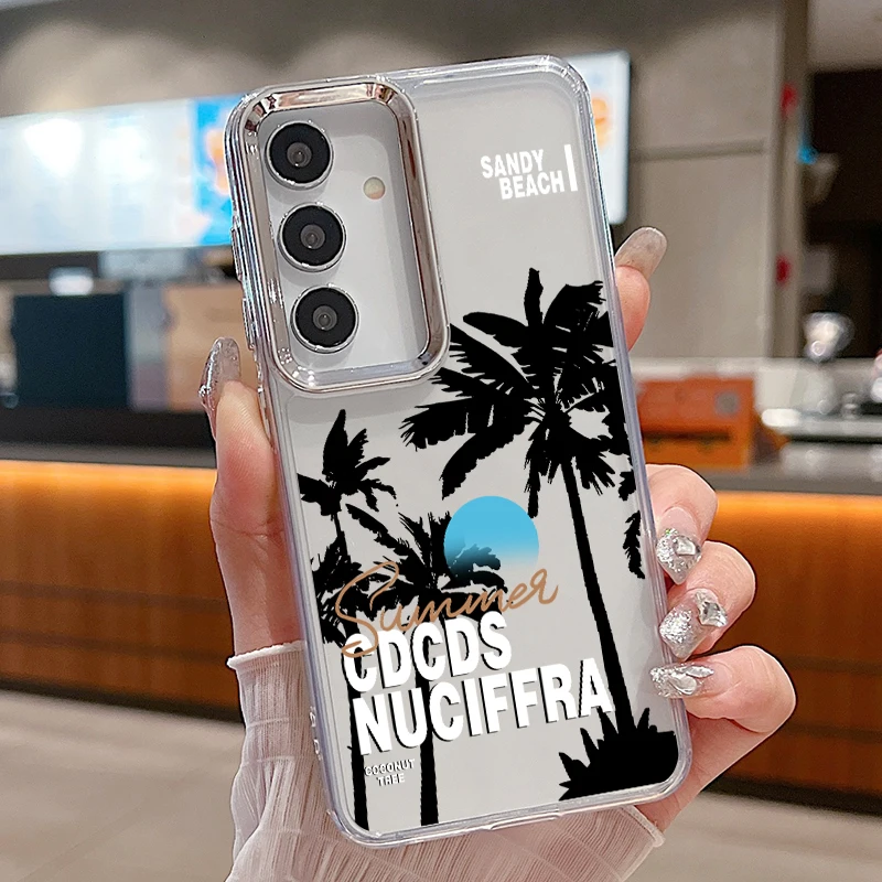 Coconut Tree Pattern Phone Case For Samsung Galaxy S26 S24 S23 Ultra S25 FE A57 A17 A56 A37 A16 A55 A54 Plating Lens Frame Cover