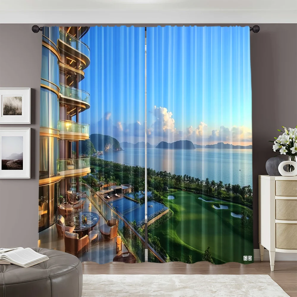 2pcs, 2D flat Scene Curtain Balcony with sea view Durable 100% Polyester Fabric,Without Electricity Versatile Applies to bedroom