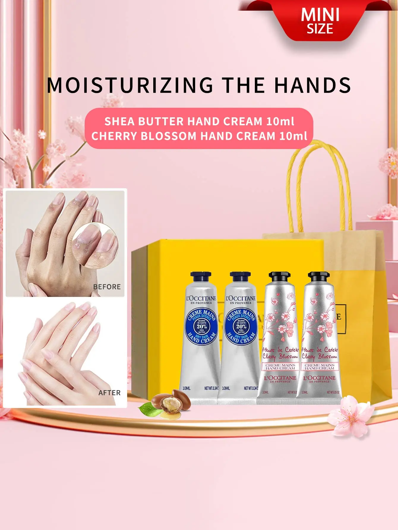 L'Occitane en Provence Mini Hand Cream  4-Piece Set 10ml*4（Shea Butter, Cherry Blossom Iconic Scents）Moisturizing Hand Creams