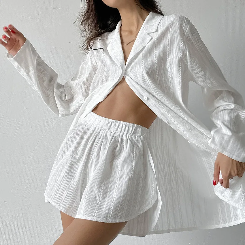 

Women's Suit Comfortable White Cotton Loungewear Striped New In Women's Sleepwear Loose Casual Long Sleeved Shorts Two-Piece Set