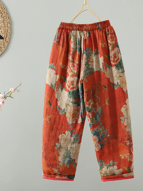 กางเกงขายาวผ้าฝ้ายพิมพ์ลายเรโทรสำหรับผู้หญิง สไตล์ลำลองสำหรับฤดูหนาว ทรงหลวม ตัดเย็บแบบแพทช์เวิร์ค ทรงตรง เอวกลาง