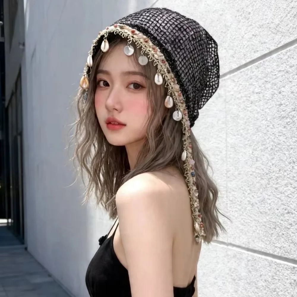 Fashion Hollow Out Mesh Beanie Cap Bohemian Shell Tassel Design Pullover Hat Breathable Cover Head Cap for Women