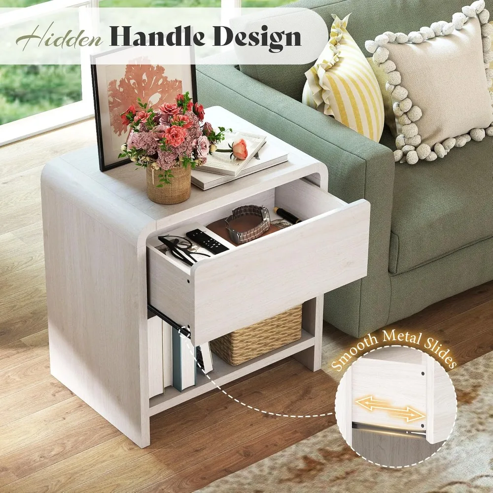 Modern Night Stand Set of 2, Storage Drawer & Open Shelves, Natural Wood Finish & Curved Top, Custom
