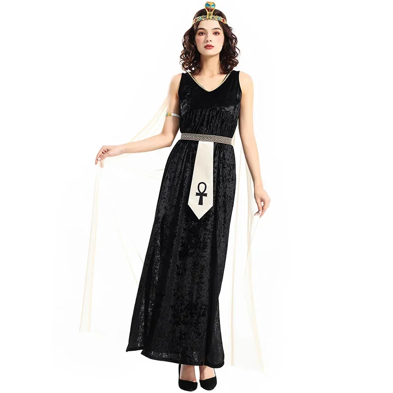 

Woman Godness Cosplay Black Dresses Hearwear Cloak Blet Arm Rings Set Egyptian Pharaoh Shawl Long Dress Halloween Cos