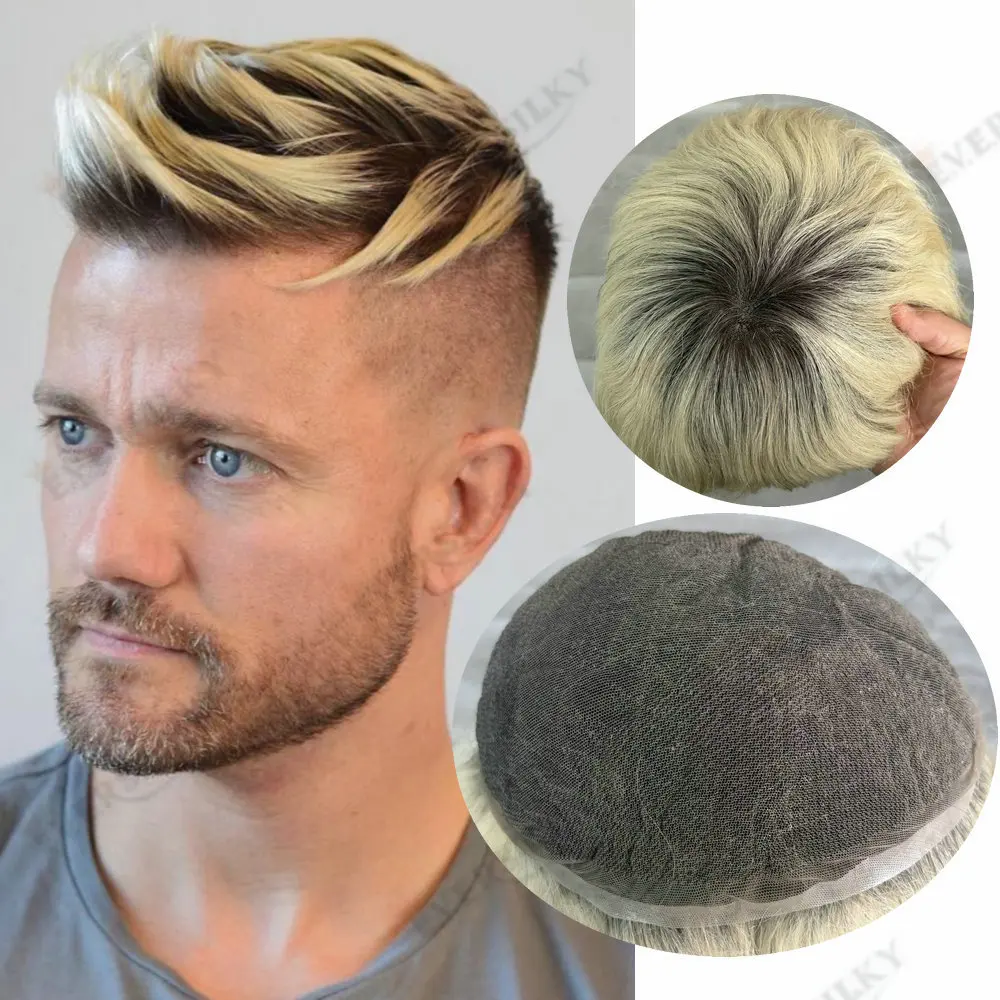 

Мужской парик-накладка из натуральных волос омбре-блонд, 8x10 дюймов, на французской кружевной основе, прямые/волнистые волосы, система замещения волос 1bT613/1bT60r