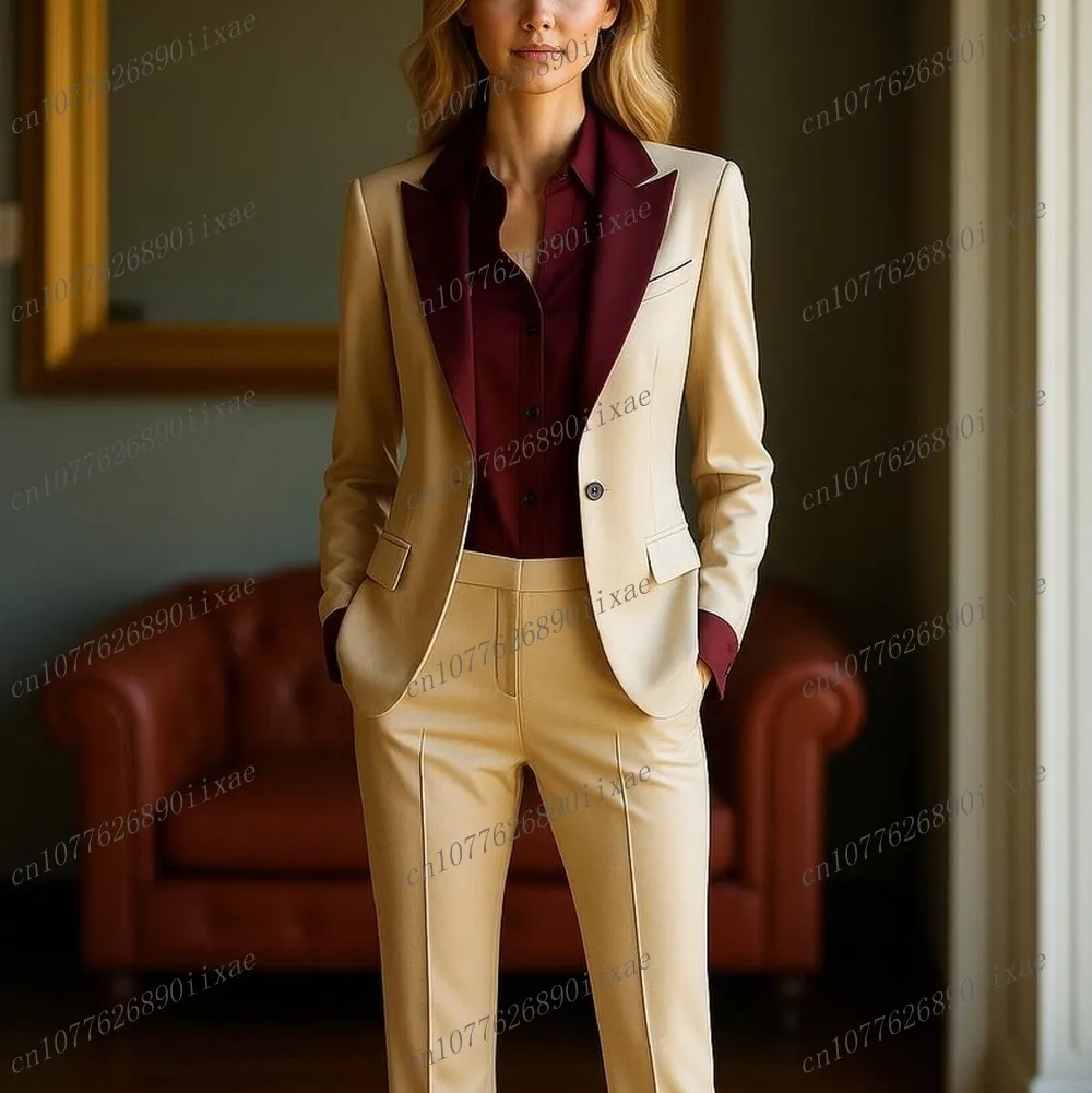 Burgundy Collar Champagne Women Suits Lady Business Office Tuxedos Mother Wedding Party Formal Ladies 2 Piece Set Jacket Pants