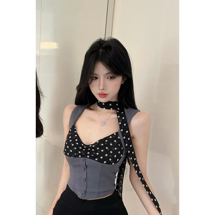 Women Summer Slim Fit Short Cropped Bustier Retro Polka Dot Halter Neck Cami Top