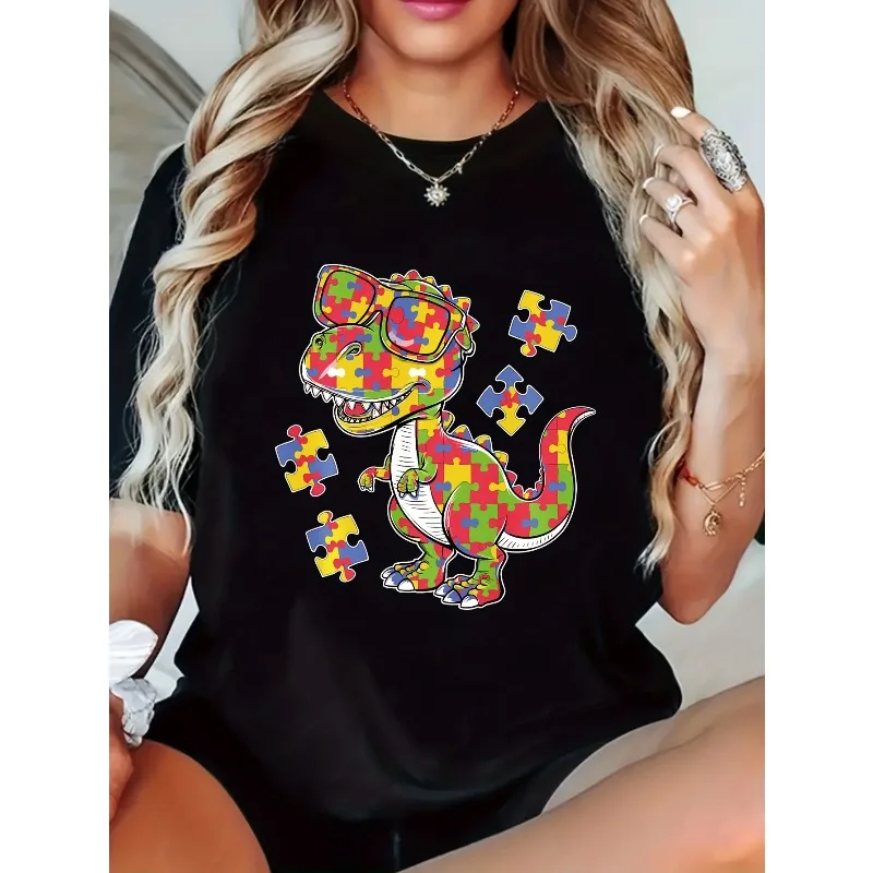 Care for Autism Printed T-shirt Short Sleeved Round Neck Casual Fashion Trend Top Suitable for Summer and Spring Women Clothing