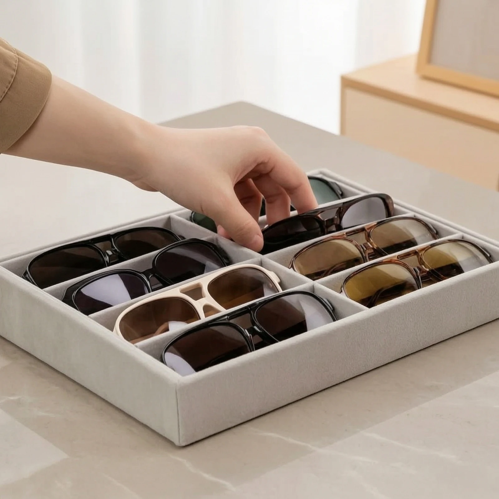 Glasses Tray with 8 Compartments Divided Eyeglasses Organizer Eyewear Display Tray Rectangular Organizer with Slots