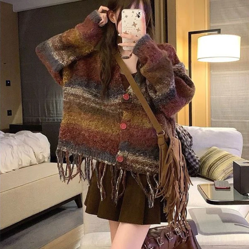 Cardigans Women Tassel Tie Dye Patchwork Long Sleeve Sweaters Knitwear Vintage Retro Coat Boho All-match Korean Style Fashion