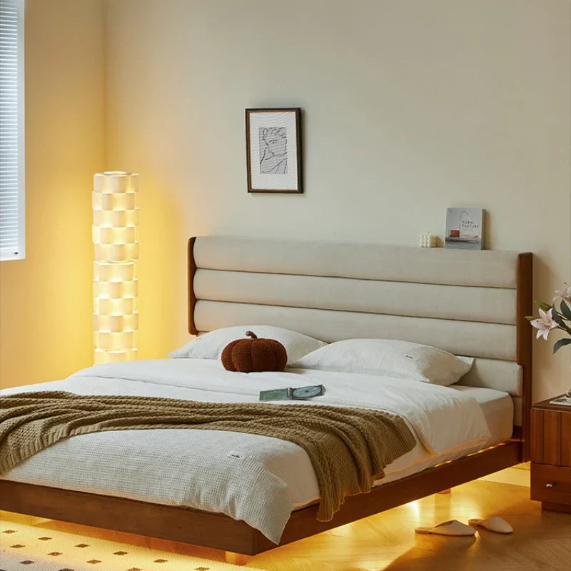 

Solid wood upholstered bed, minimalist small unit, retro bedroom, master bedroom, floating bed, double king bed