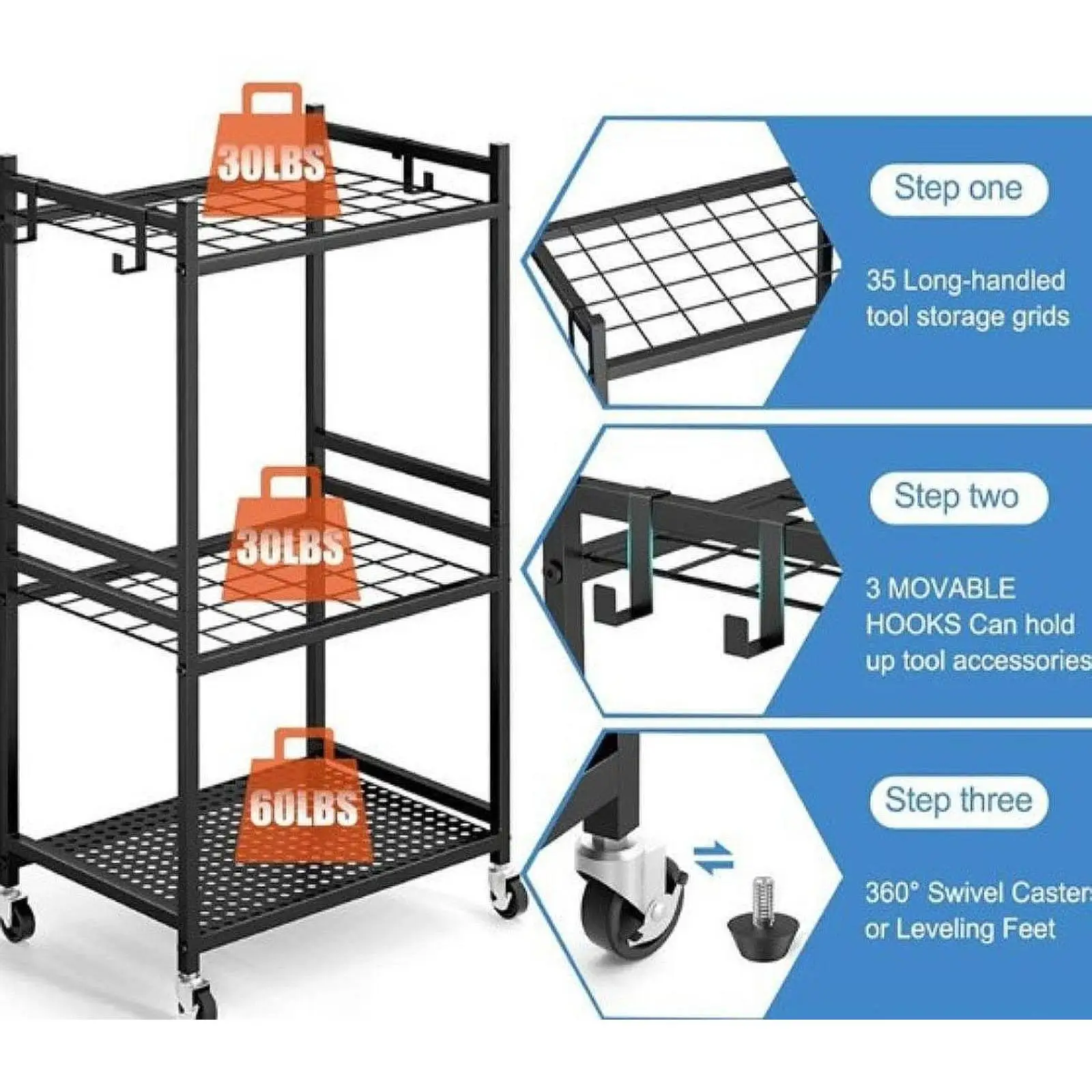 

Garden Tool Organizer with Wheels Metal Tool Shelf Yard Tool Stand Holder Yard Tools Utility Rack for Outside Home Shed Lawn