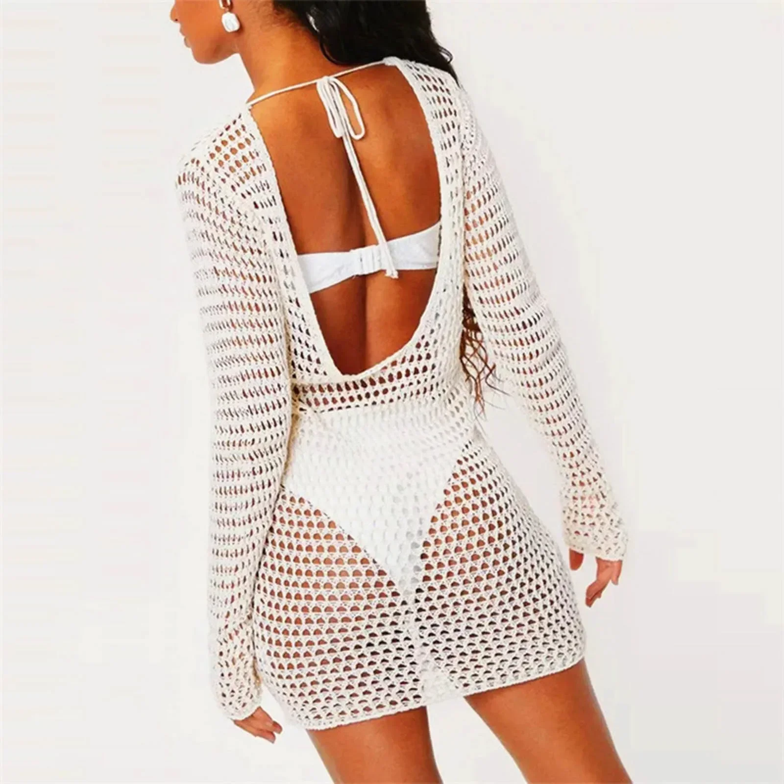 Verão sólido malha bikini cobrir blusa das mulheres solto irregular vestido de praia sexy tule transparente mangas compridas roupa de banho